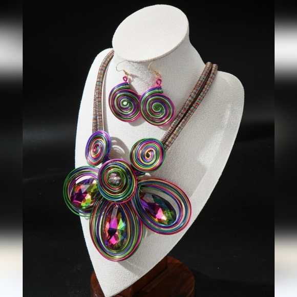 Huge statement necklace earrings rhinestones wire colorful NEW - Picture 7 of 14